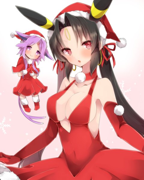 Anime picture 1200x1500 with pokemon nintendo umbreon espeon takeshima eku long hair tall image blush breasts open mouth light erotic black hair red eyes twintails christmas chibi personification gen 2 pokemon girl dress