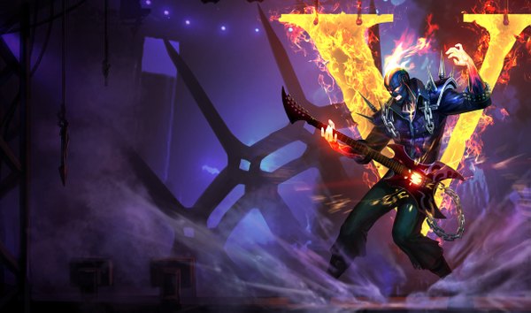 Anime picture 1215x717 with league of legends brand (league of legends) single wide image yellow eyes boy chain fire guitar flame thorns scene