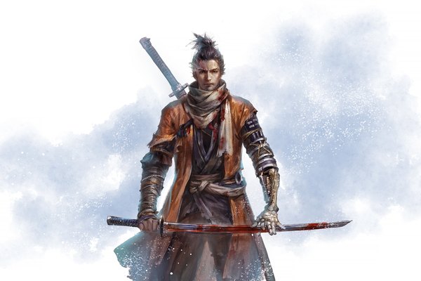 Anime picture 2054x1371 with sekiro: shadows die twice from software sekiro shitsu soku k single looking at viewer highres short hair black hair simple background standing holding black eyes bloody clothes bloody weapon boy weapon sword scarf katana