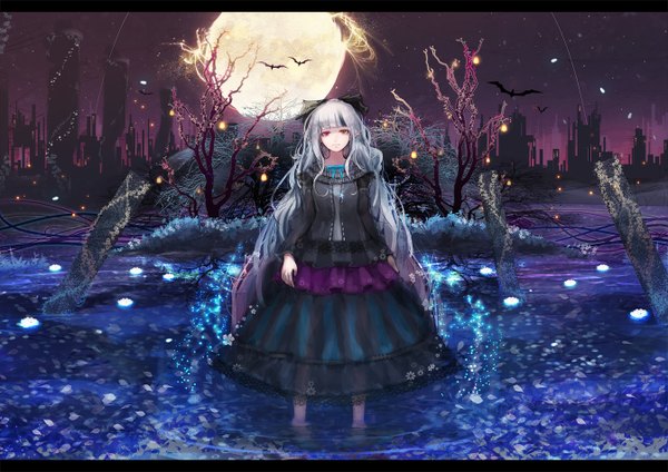 Anime picture 1344x950 with original jname single long hair red eyes pointy ears grey hair girl dress bow plant (plants) hair bow tree (trees) water leaf (leaves) building (buildings) moon full moon bat