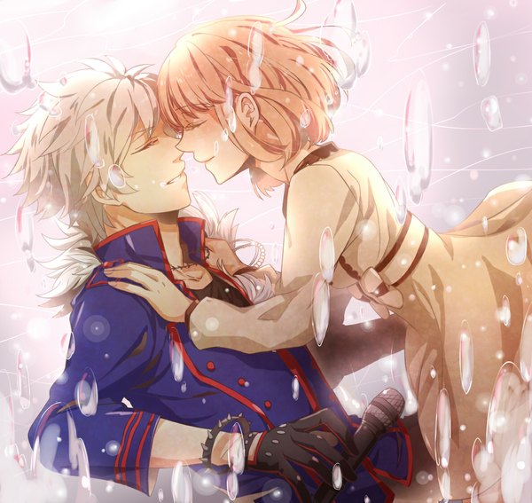 Anime picture 1184x1120 with uta no prince-sama a-1 pictures nanami haruka (uta no prince-sama) kurosaki ranmaru kiho (campsis) short hair blonde hair white hair eyes closed profile orange hair open clothes open jacket couple hug underwater face to face girl dress boy