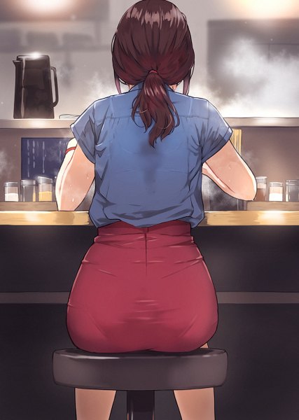 Anime picture 859x1208 with original doushimasho single long hair tall image light erotic brown hair sitting payot bent knee (knees) ass indoors from behind short sleeves sweat low ponytail steam office lady girl skirt