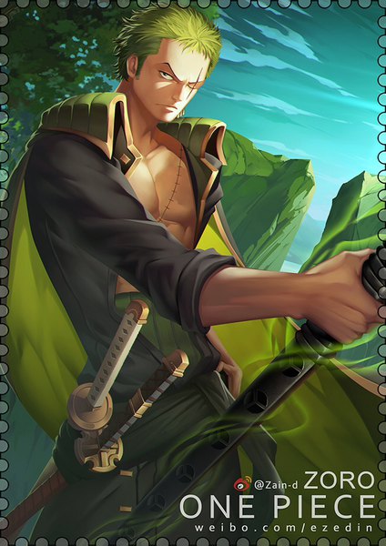 Anime picture 650x919 with one piece toei animation roronoa zoro zhang ding single tall image looking at viewer short hair standing holding green eyes signed sky cloud (clouds) outdoors one eye closed green hair copyright name character names scar