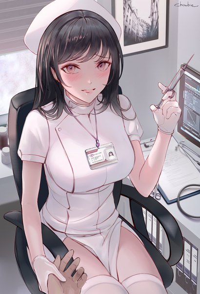 Anime picture 1000x1463 with original chowbie long hair tall image looking at viewer blush fringe breasts open mouth light erotic black hair smile large breasts sitting holding brown eyes signed payot :d short sleeves