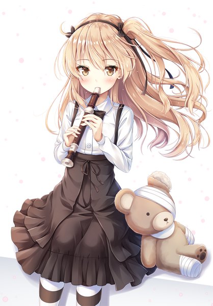 Anime picture 1100x1577 with girls und panzer shimada arisu boko (girls und panzer) akashio (loli ace) single long hair tall image looking at viewer blush fringe simple background blonde hair hair between eyes white background sitting yellow eyes long sleeves wind side ponytail playing instrument