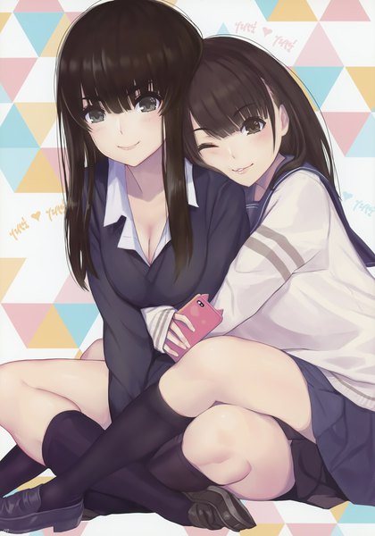 Anime picture 4060x5798 with original 2d (artist) long hair tall image blush fringe highres black hair smile hair between eyes sitting multiple girls absurdres one eye closed black eyes scan hug partially open clothes hug from behind indian style