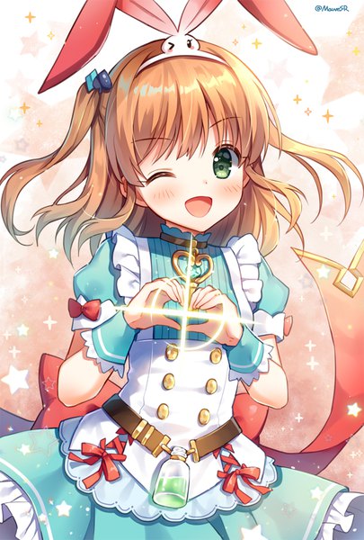 Anime picture 760x1125 with princess connect! re:dive princess connect! rino (princess connect!) mauve single tall image blush short hair open mouth green eyes signed animal ears one eye closed wink orange hair sparkle two side up bunny ears puffy sleeves twitter username