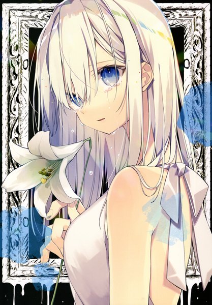 Anime picture 3208x4619 with original oshio (dayo) single long hair tall image looking at viewer fringe highres breasts open mouth blue eyes simple background bare shoulders holding absurdres silver hair upper body head tilt scan hair over one eye