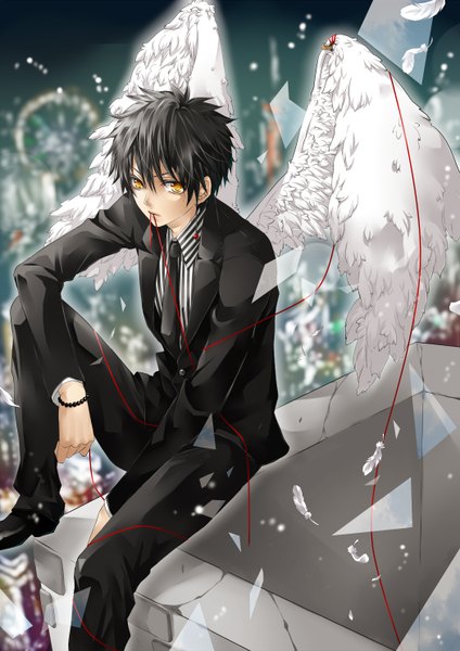 Anime picture 1050x1486 with original hakuseki single tall image short hair black hair sitting yellow eyes mouth hold angel boy wings necktie pants feather (feathers) suit thread red thread