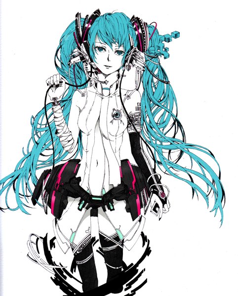 Anime picture 1800x2240 with vocaloid vocaloid append hatsune miku hatsune miku (append) single long hair tall image highres simple background white background twintails very long hair aqua eyes girl wire (wires) pio