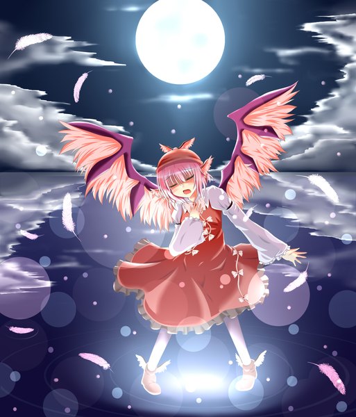 Anime picture 2000x2338 with touhou mystia lorelei echo0118 tall image highres short hair open mouth pink hair cloud (clouds) eyes closed night night sky singing girl dress wings water moon feather (feathers) full moon