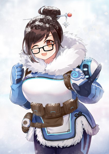 Anime picture 1086x1535 with overwatch blizzard entertainment mei (overwatch) snowball (overwatch) tamaxi123 single tall image looking at viewer short hair open mouth brown hair brown eyes :d one eye closed wink hair bun (hair buns) fang (fangs) fur trim snow pointing