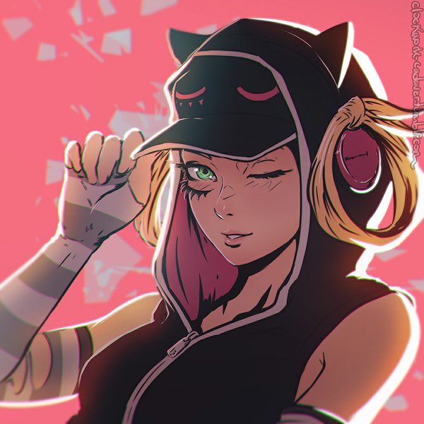 Anime picture 1024x1024 with freedom wars aries m (freedom wars) koyoriin single long hair looking at viewer blonde hair smile bare shoulders green eyes signed animal ears parted lips one eye closed cat ears torn clothes striped pink background adjusting hat girl