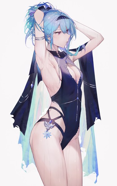 Anime picture 1134x1800 with genshin impact eula lawrence qiandaiyiyu single tall image fringe short hair breasts light erotic simple background hair between eyes standing white background purple eyes holding blue hair looking away profile arms up armpit (armpits)