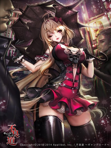 Anime picture 3000x4000 with furyou michi ~gang road~ dadachyo long hair tall image looking at viewer highres light erotic blonde hair cleavage one eye closed pink eyes wink girl thighhighs dress gloves bow black thighhighs hair bow umbrella