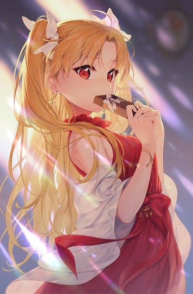 Anime picture 800x1218 with fate (series) fate/grand order ereshkigal (fate) starbottle single long hair tall image looking at viewer blush fringe blonde hair red eyes standing holding signed ahoge two side up twitter username light covered mouth