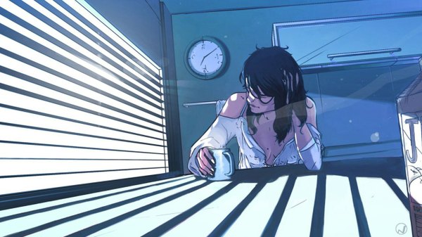 Anime picture 1280x720 with original nicolas petrimaux single long hair black hair wide image sitting light girl window clock cup wall clock