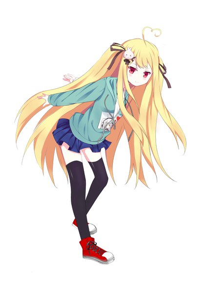 Anime picture 2480x3507 with niliu chahui tokisaki asaba single tall image looking at viewer blush fringe highres simple background blonde hair red eyes standing white background twintails full body ahoge very long hair leaning zettai ryouiki leaning forward