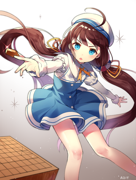 Anime picture 1988x2620 with ryuuou no oshigoto! hinatsuru ai azit (down) single long hair tall image blush fringe highres open mouth blue eyes brown hair standing twintails holding signed looking away ahoge gradient background low twintails