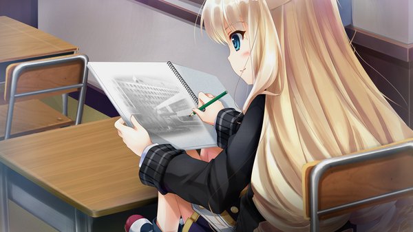 Anime picture 1024x576 with futagoza no paradox single long hair blush blue eyes blonde hair wide image sitting game cg loli girl sweater desk