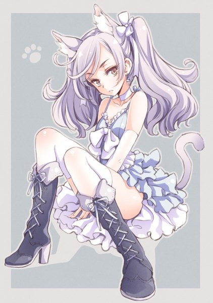 Anime picture 730x1037 with original tokunou shoutarou single long hair tall image light erotic simple background sitting twintails bare shoulders brown eyes animal ears looking away silver hair full body tail animal tail cat ears grey background cat girl