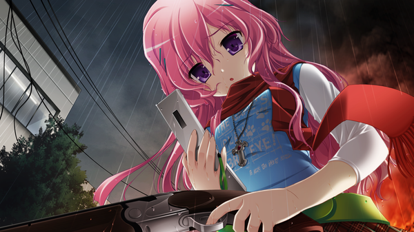 Anime picture 2560x1440 with shinigami no testament mukougaoka kana makita maki single long hair highres wide image purple eyes pink hair game cg rain girl weapon scarf gun cross beads phone prayer beads rosary