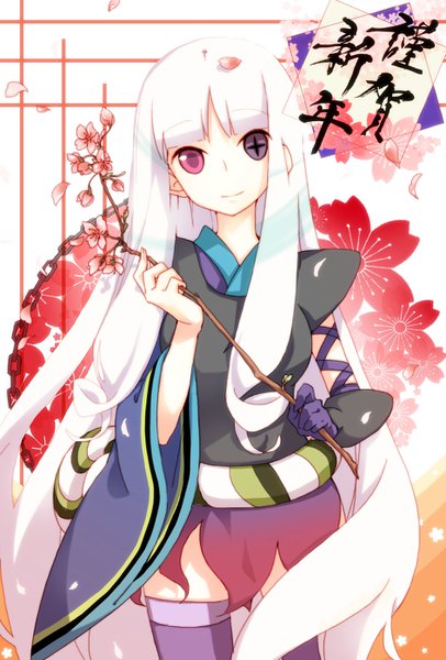 Anime picture 945x1394 with katanagatari white fox togame kuusou ryodan single tall image looking at viewer fringe white hair blunt bangs very long hair head tilt wide sleeves heterochromia cherry blossoms hieroglyph symbol-shaped pupils asymmetrical clothes girl thighhighs