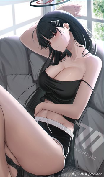 Anime-Bild 2442x4163 mit blue archive rio (blue archive) yamikyon single long hair tall image looking at viewer fringe highres breasts light erotic black hair red eyes large breasts signed cleavage indoors blunt bangs arm up sunlight