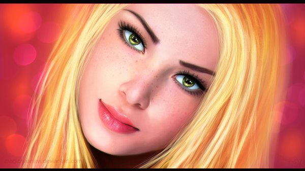 Anime picture 1920x1080 with rapunzel (grimm) rapunzel magicnaanavi long hair highres simple background blonde hair wide image green eyes signed lips realistic close-up face freckles girl