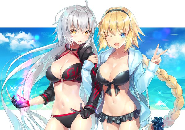 Anime picture 1000x707 with fate (series) fate/grand order jeanne d'arc (fate) (all) jeanne d'arc alter (fate) jeanne d'arc alter (swimsuit berserker) (fate) jeanne d'arc (swimsuit archer) kagachi saku looking at viewer blush fringe breasts open mouth blue eyes light erotic blonde hair hair between eyes large breasts multiple girls yellow eyes payot