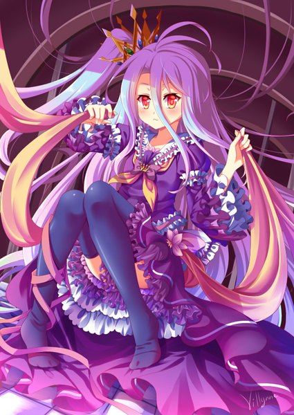 Anime picture 620x876 with no game no life madhouse shiro (no game no life) villyane single tall image blush hair between eyes red eyes purple hair very long hair loli one side up girl thighhighs dress ribbon (ribbons) black thighhighs frills crown