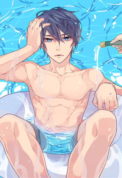 Anime picture 780x1140 with free! kyoto animation nanase haruka (free!) curryuku single tall image looking at viewer short hair open mouth blue eyes light erotic black hair from above hand on head boy water swim ring pool hand hose