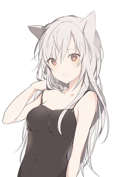 Anime picture 640x918 with original lpip single long hair tall image looking at viewer blush fringe open mouth simple background hair between eyes red eyes white background brown eyes animal ears payot cleavage upper body grey hair cat ears