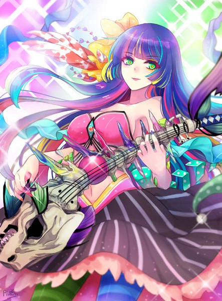 Anime picture 600x812 with original penguin-pinpin single long hair tall image looking at viewer blush fringe green eyes signed purple hair blunt bangs nail polish multicolored hair fingernails sparkle streaked hair floating hair striped skeleton