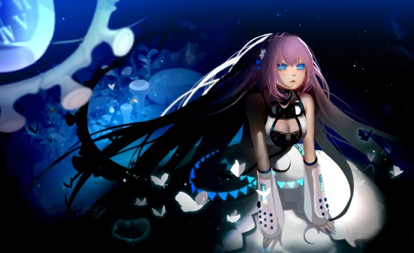 Anime picture 1112x681 with vocaloid megurine luka g.rozah single long hair fringe breasts blue eyes black hair wide image bare shoulders pink hair parted lips hair flower girl hair ornament flower (flowers) insect butterfly clock