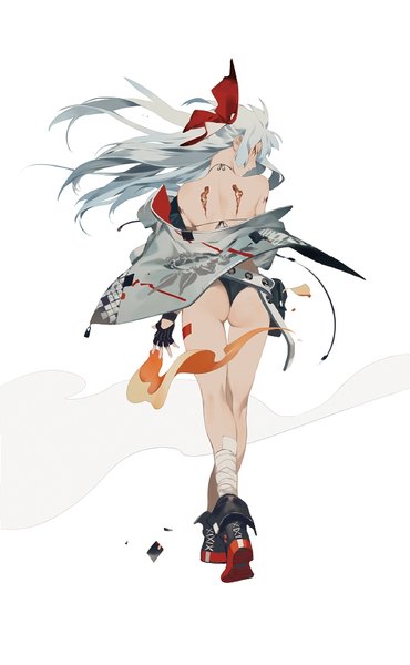 Anime picture 600x972 with touhou fujiwara no mokou coralstone single long hair tall image fringe light erotic simple background standing white background bare shoulders silver hair full body ass profile looking back fingernails grey hair from behind