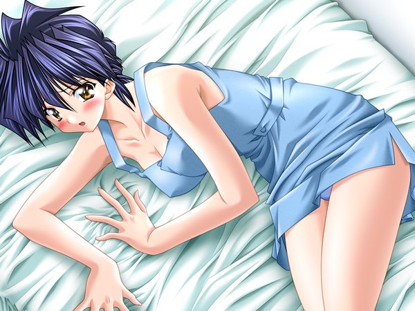 Anime picture 1200x900 with x-change (game) light erotic yellow eyes blue hair game cg lying girl