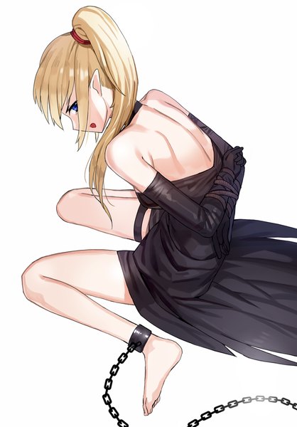 Anime picture 745x1070 with original kfr single long hair tall image looking at viewer open mouth blue eyes simple background blonde hair white background sitting bare shoulders bent knee (knees) ponytail profile looking back barefoot from above pointy ears