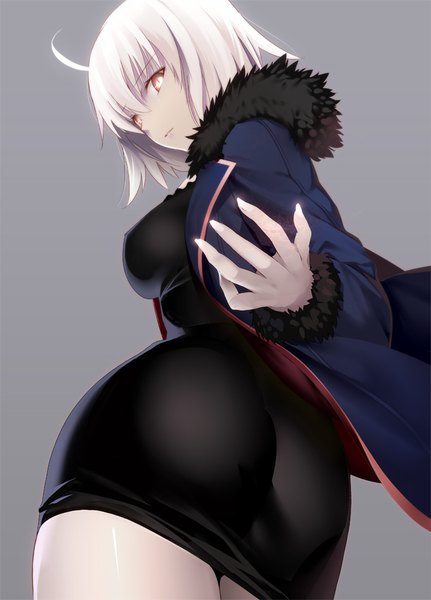 Anime picture 700x975 with fate (series) fate/grand order fate/apocrypha jeanne d'arc (fate) (all) jeanne d'arc alter (fate) machimura komori single tall image fringe short hair breasts light erotic simple background hair between eyes large breasts standing yellow eyes looking away ahoge white hair
