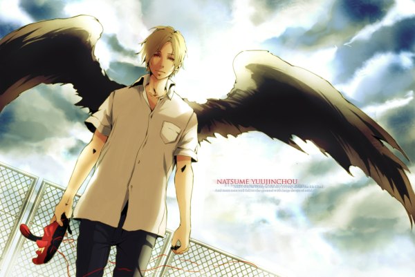 Anime picture 1200x803 with natsume yuujinchou brains base (studio) natsume takashi saito yukihiro single looking at viewer short hair blonde hair red eyes standing brown eyes sky cloud (clouds) open collar black wings tengu boy uniform school uniform shirt