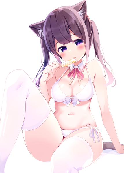 Anime picture 900x1258 with original chikuwa. single long hair tall image looking at viewer blush light erotic simple background brown hair white background sitting purple eyes twintails bare shoulders holding animal ears payot cleavage tail