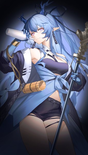 Anime picture 2003x3508 with arknights ling (arknights) 9 vcat single long hair tall image looking at viewer fringe highres breasts blue eyes light erotic smile hair between eyes standing blue hair horn (horns) pointy ears off shoulder open jacket