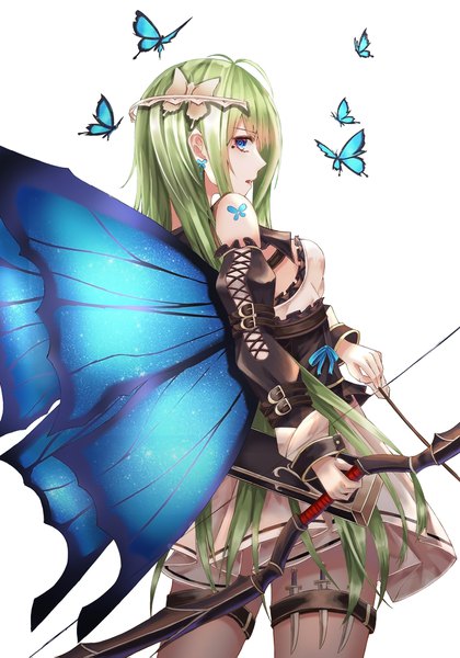 Anime picture 1500x2143 with original cup6542 single long hair tall image looking at viewer fringe open mouth blue eyes simple background standing white background holding payot profile green hair facial mark insect wings butterfly wings girl