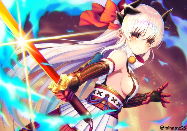 Anime picture 1003x708 with fate (series) fate/grand order tomoe gozen (fate) kiyohime (fate) minamo25 single long hair looking at viewer blush fringe breasts light erotic hair between eyes red eyes standing bare shoulders holding signed payot silver hair