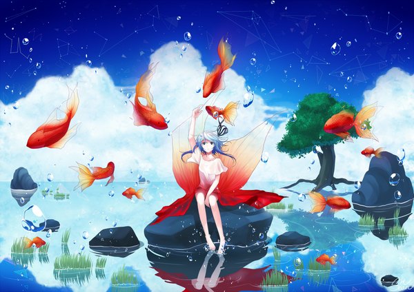 Anime picture 2000x1414 with original sean (pcsbella) single long hair looking at viewer highres blue eyes sitting blue hair sky cloud (clouds) barefoot reflection girl dress plant (plants) tree (trees) water bubble (bubbles) fish (fishes)