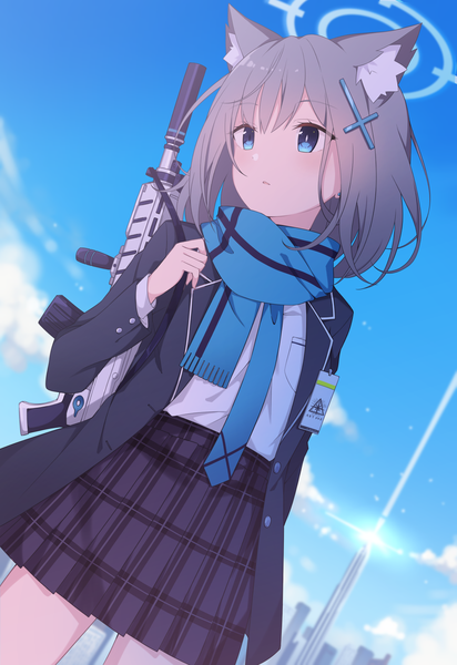 Anime picture 1225x1785 with blue archive shiroko (blue archive) taiyaki (astre) single tall image short hair blue eyes looking away sky cloud (clouds) pleated skirt grey hair turning head plaid skirt girl skirt weapon miniskirt scarf gun