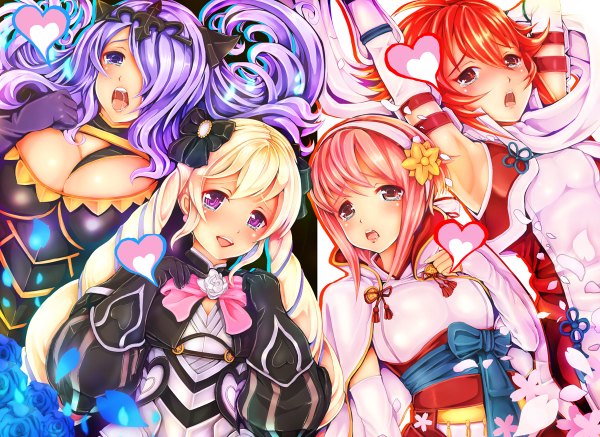 Anime picture 1200x874 with fire emblem fire emblem fates camilla (fire emblem) elise (fire emblem if) sakura (fire emblem if) hinoka (fire emblem) teruru long hair fringe short hair breasts open mouth light erotic blonde hair smile red eyes purple eyes multiple girls purple hair red hair