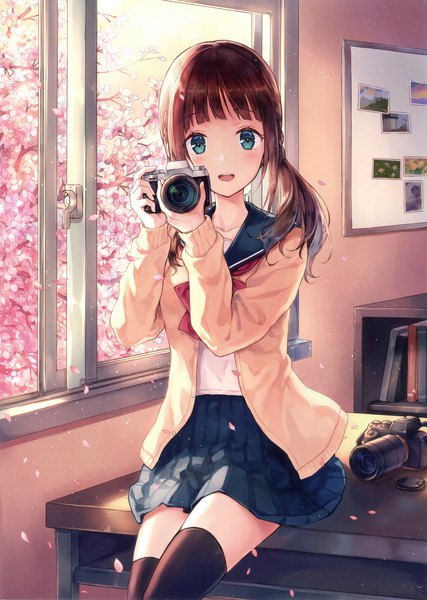 Anime picture 2489x3500 with original hiten (hitenkei) single long hair tall image looking at viewer blush highres open mouth blue eyes brown hair twintails scan official art zettai ryouiki cherry blossoms girl thighhighs skirt uniform