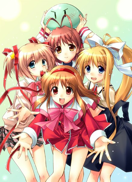 Anime picture 730x1000 with clannad little busters! air kanon key (studio) kamio misuzu furukawa nagisa tsukimiya ayu kamikita komari sato-pon long hair tall image blush short hair open mouth blue eyes blonde hair smile red eyes brown hair