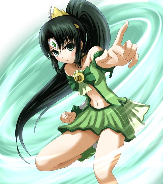 Anime picture 1059x1200 with precure smile precure! toei animation midorikawa nao cure march ryuusama single long hair tall image black hair green eyes ponytail girl dress skirt navel miniskirt